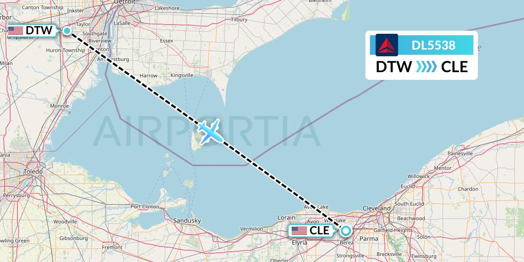 DL5538 Delta Air Lines Flight Map: Detroit to Cleveland