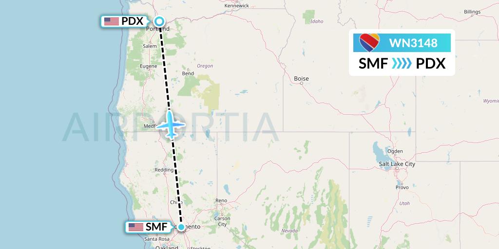 WN3148 Southwest Airlines Flight Map: Sacramento to Portland