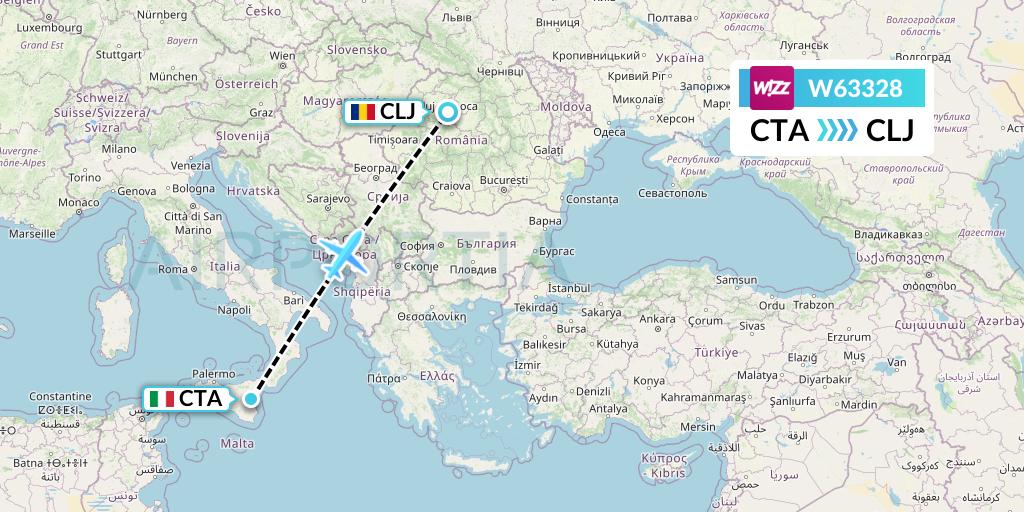 W63328 Wizz Air Flight Map: Catania to Cluj-Napoca
