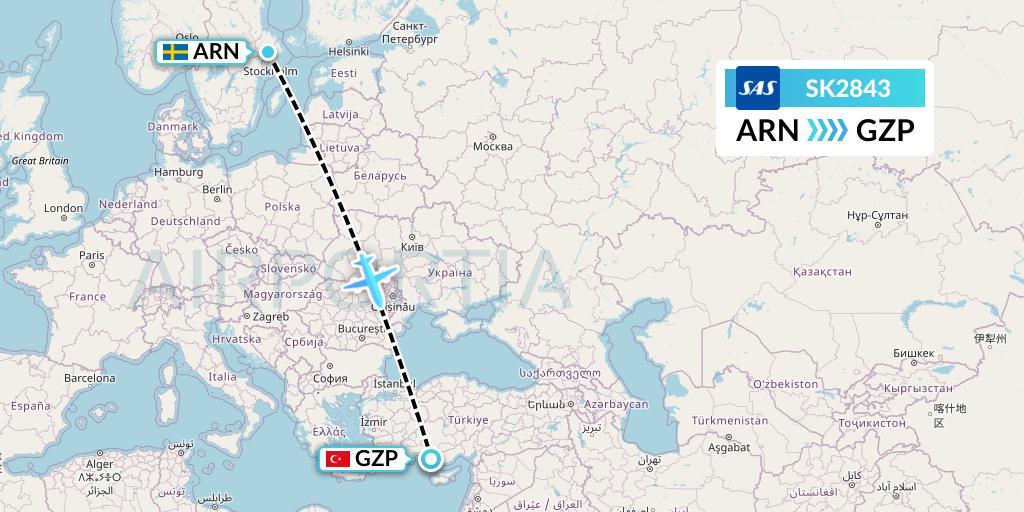 SK2843 SAS Flight Map: Stockholm to Gazipasa