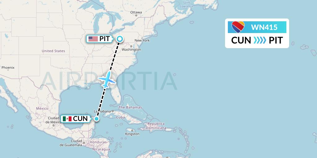 WN415 Southwest Airlines Flight Map: Cancun to Pittsburgh