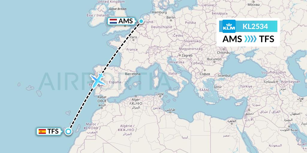 KL2534 KLM Flight Map: Amsterdam to Tenerife