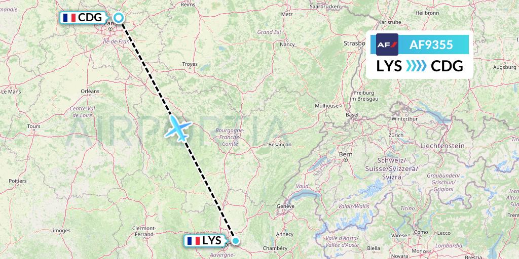AF9355 Air France Flight Map: Lyon to Paris