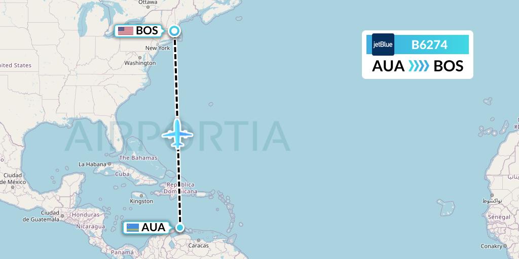 B6274 JetBlue Airways Flight Map: Oranjestad to Boston