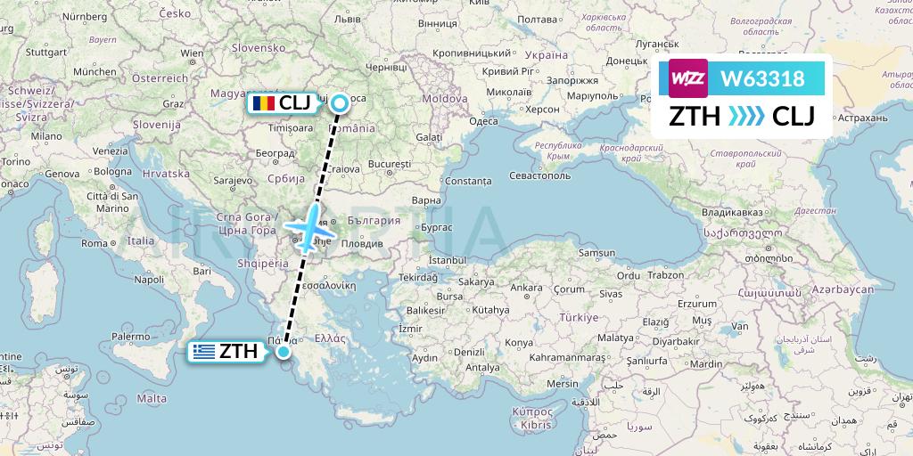 W63318 Wizz Air Flight Map: Zakynthos to Cluj-Napoca