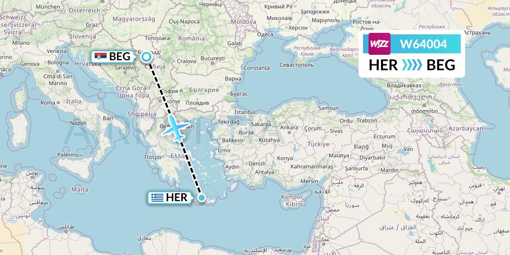 W64004 Wizz Air Flight Map: Heraklion to Belgrade