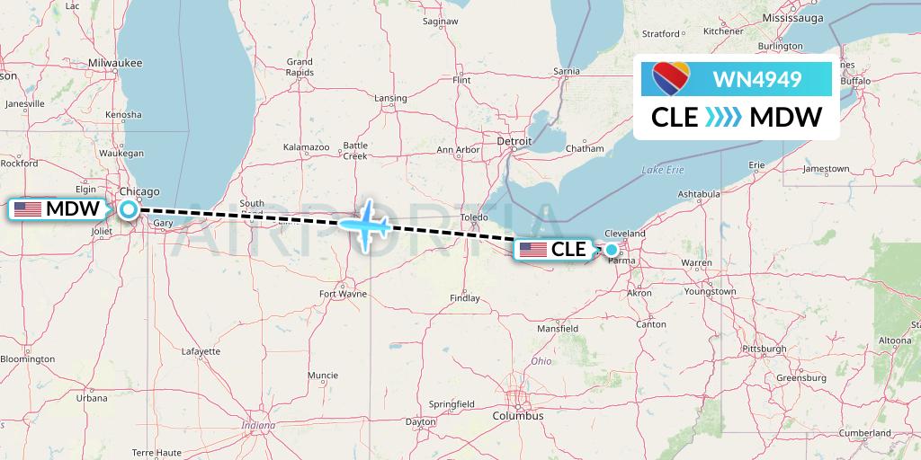 WN4949 Southwest Airlines Flight Map: Cleveland to Chicago