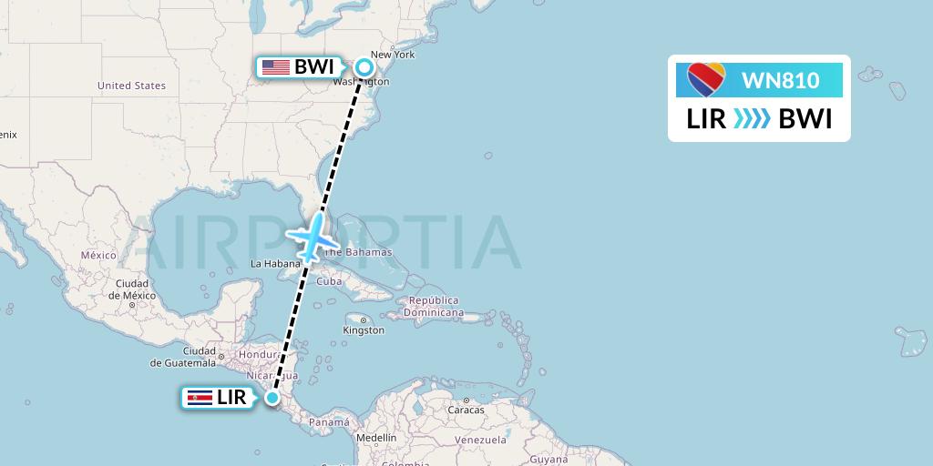 WN810 Southwest Airlines Flight Map: Liberia to Baltimore