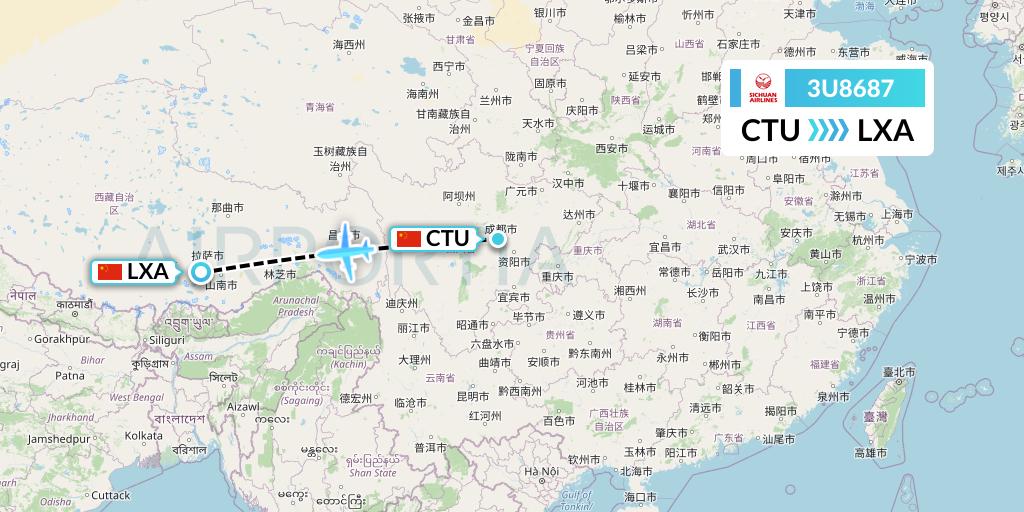 3U8687 Sichuan Airlines Flight Map: Chengdu to Lhasa
