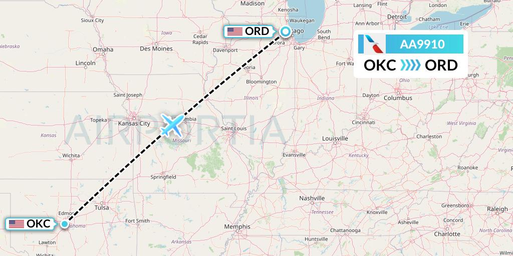 AA9910 American Airlines Flight Map: Oklahoma City to Chicago
