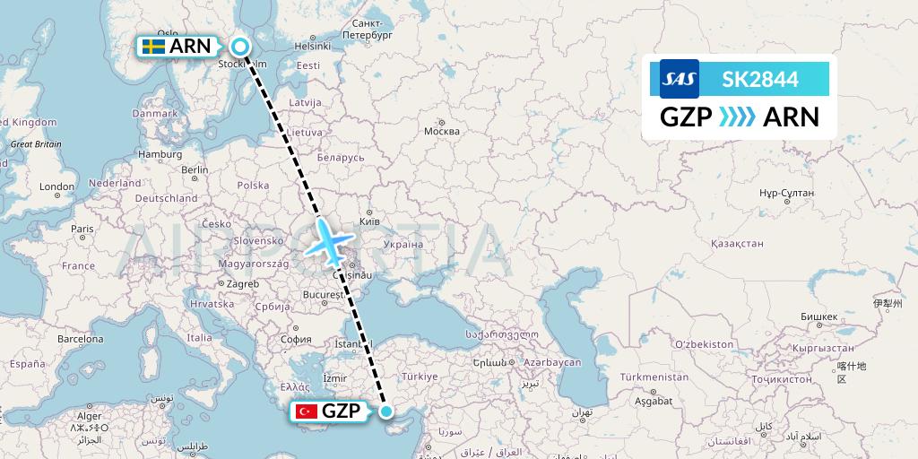 SK2844 SAS Flight Map: Gazipasa to Stockholm
