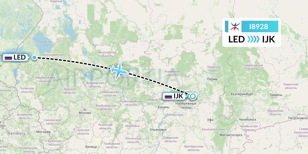 I8928 Izhavia Flight Map: St. Petersburg to Izhevsk
