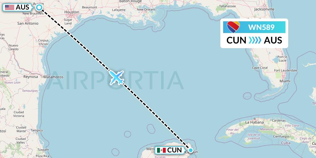WN589 Southwest Airlines Flight Map: Cancun to Austin