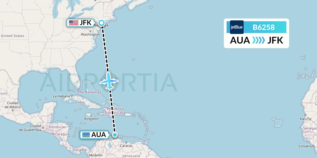 B6258 JetBlue Airways Flight Map: Oranjestad to New York