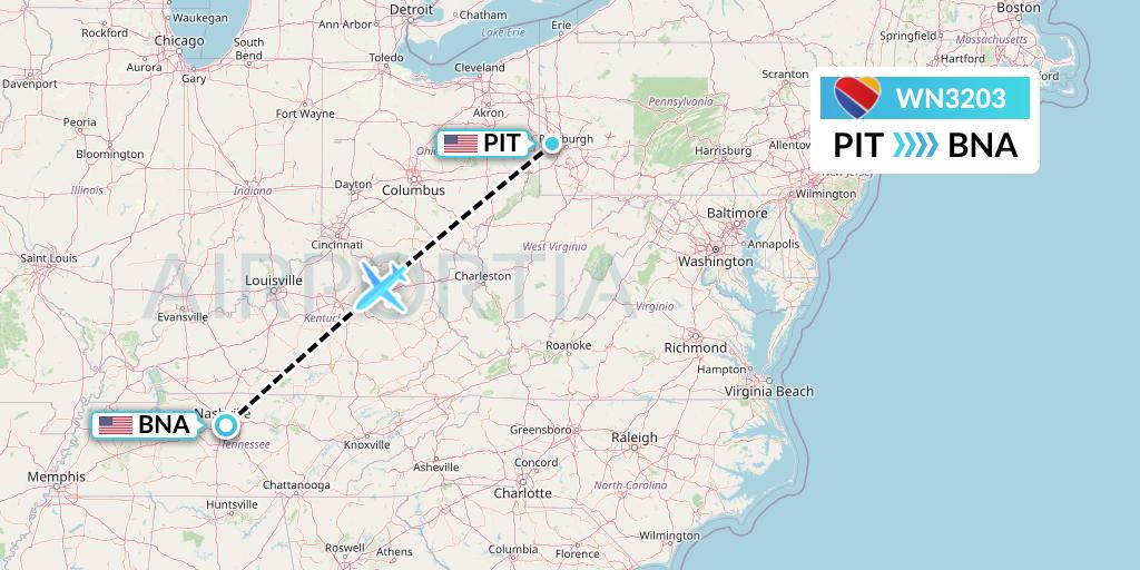WN3203 Southwest Airlines Flight Map: Pittsburgh to Nashville