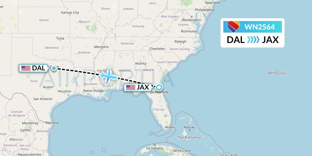 WN2564 Southwest Airlines Flight Map: Dallas to Jacksonville