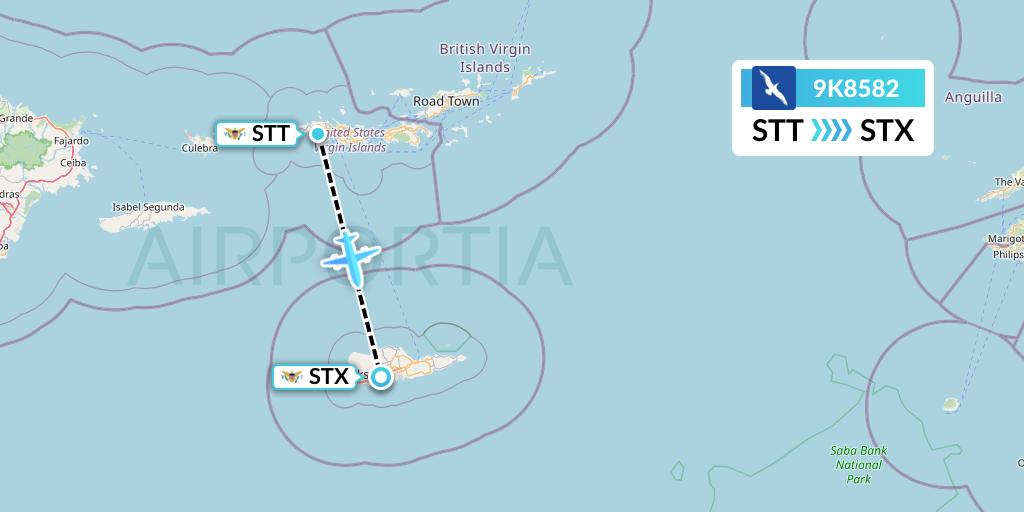 9K8582 Cape Air Flight Map: St. Thomas to St. Croix
