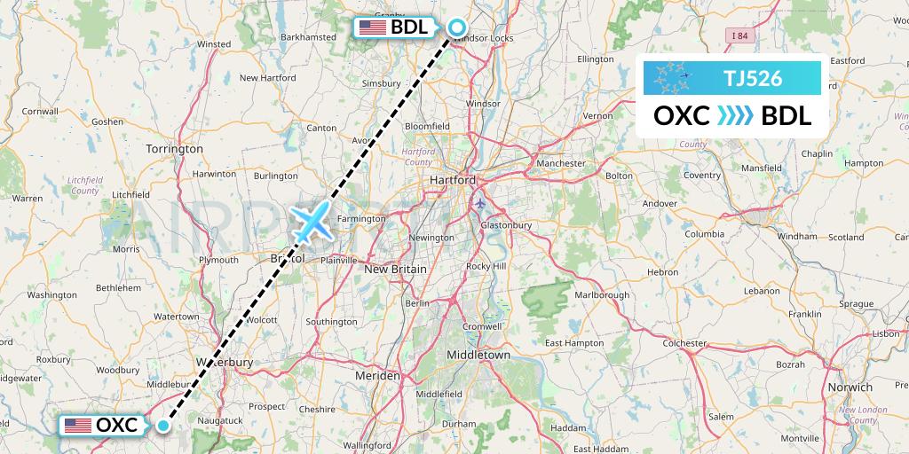 TJ526 Tradewind Aviation Flight Map: Oxford to Windsor Locks