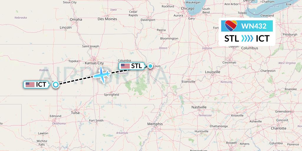 WN432 Southwest Airlines Flight Map: St. Louis to Wichita