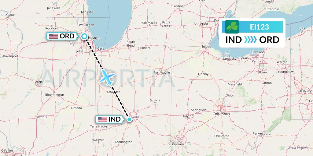 EI123 Aer Lingus Flight Map: Indianapolis to Chicago
