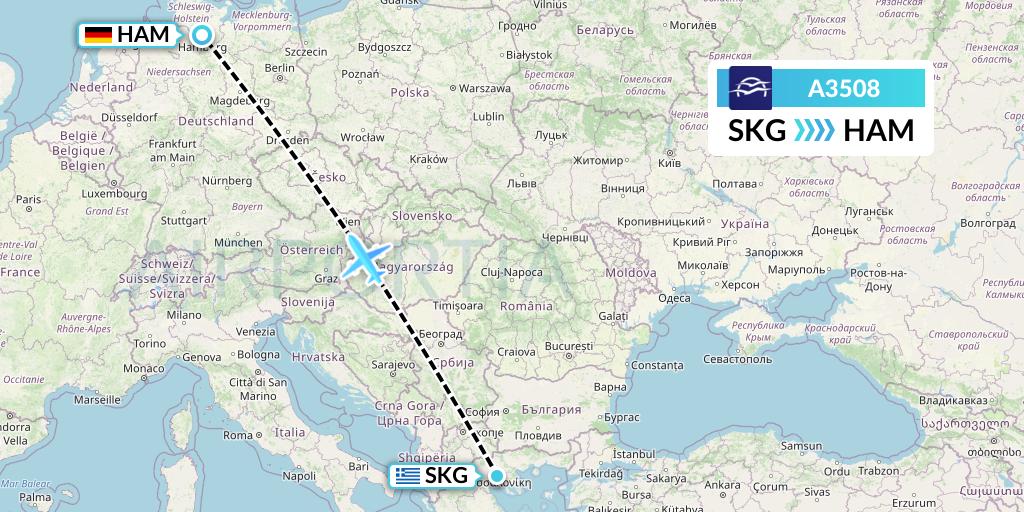 A3508 Aegean Airlines Flight Map: Thessaloniki to Hamburg