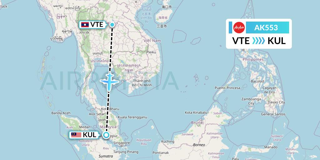 AK553 AirAsia Flight Map: Vientiane to Kuala Lumpur