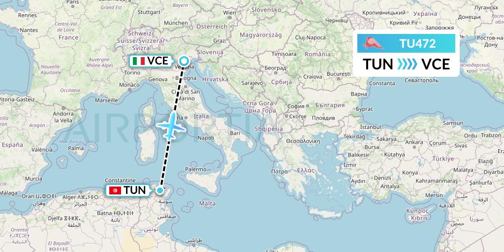 TU472 Tunisair Flight Map: Tunis to Venice