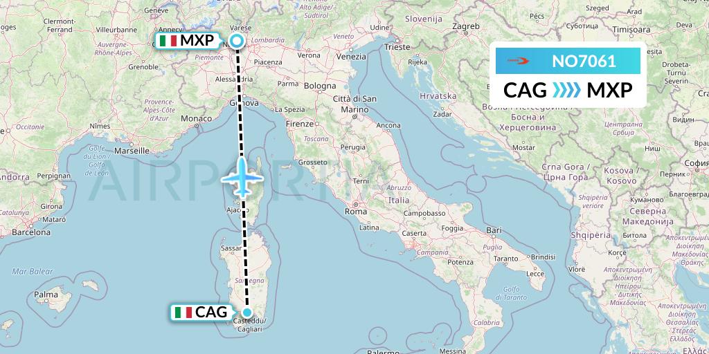 NO7061 Neos Flight Map: Cagliari to Milan