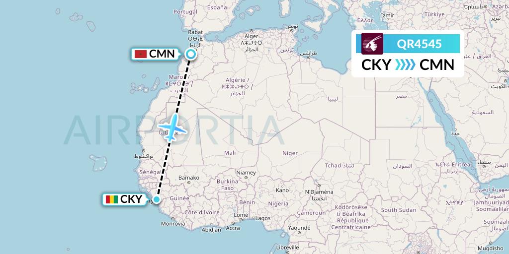 QR4545 Qatar Airways Flight Map: Conakry to Casablanca