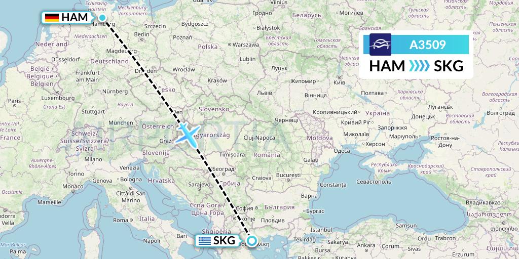 A3509 Aegean Airlines Flight Map: Hamburg to Thessaloniki
