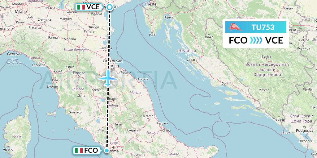 TU753 Tunisair Flight Map: Rome to Venice