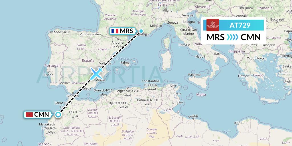 AT729 Royal Air Maroc Flight Map: Marseille to Casablanca