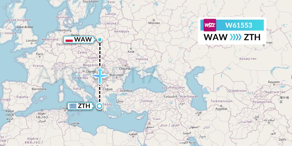 W61553 Wizz Air Flight Map: Warsaw to Zakynthos