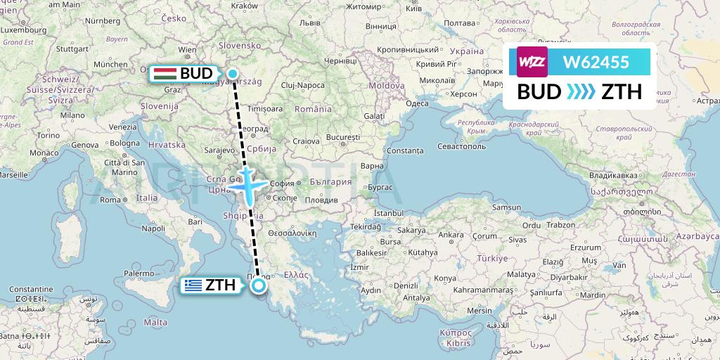 W62455 Wizz Air Flight Map: Budapest to Zakynthos