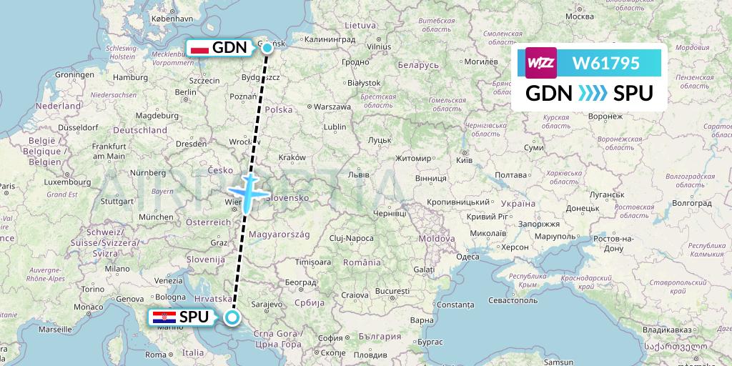 W61795 Wizz Air Flight Map: Gdansk to Split