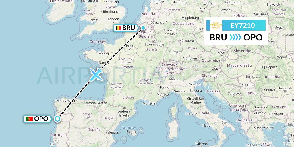 EY7210 Etihad Airways Flight Map: Brussels to Porto