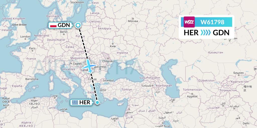 W61798 Wizz Air Flight Map: Heraklion to Gdansk