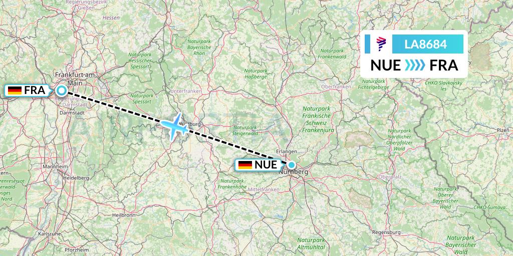 LA8684 LAN Airlines Flight Map: Nurnberg to Frankfurt