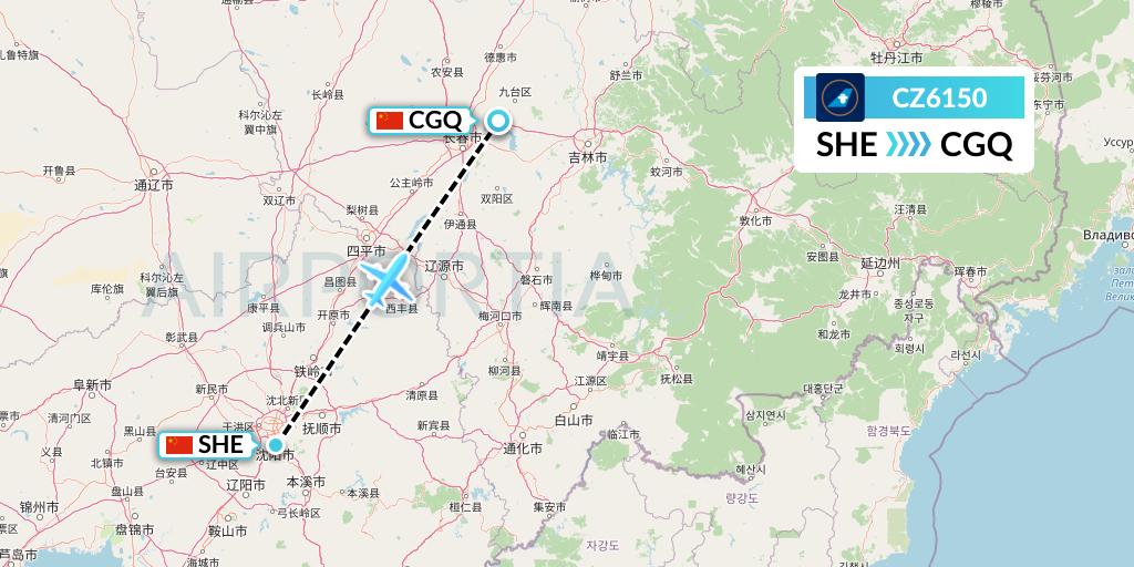 CZ6150 China Southern Airlines Flight Map: Shenyang to Changchun