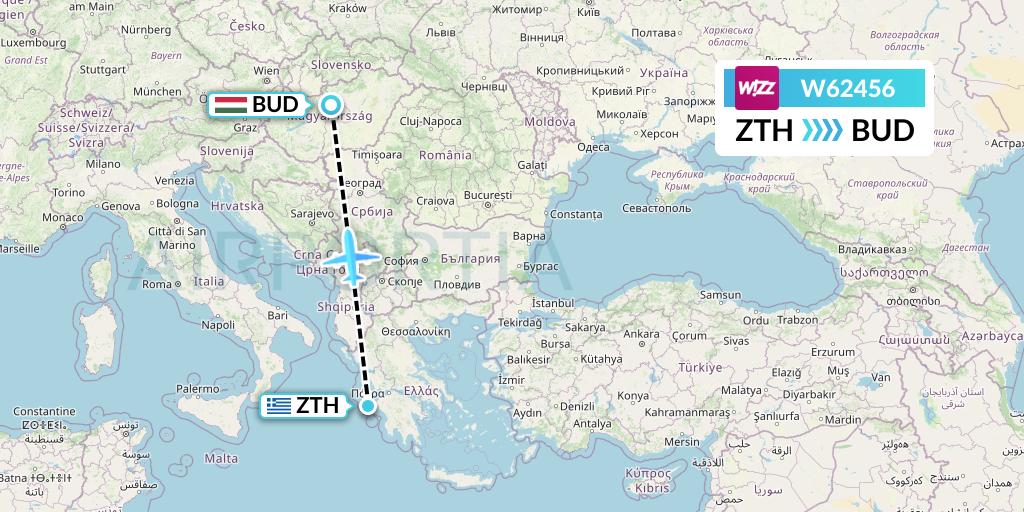 W62456 Wizz Air Flight Map: Zakynthos to Budapest