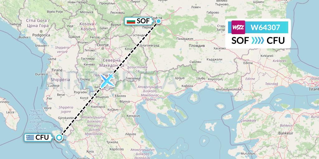W64307 Wizz Air Flight Map: Sofia to Corfu