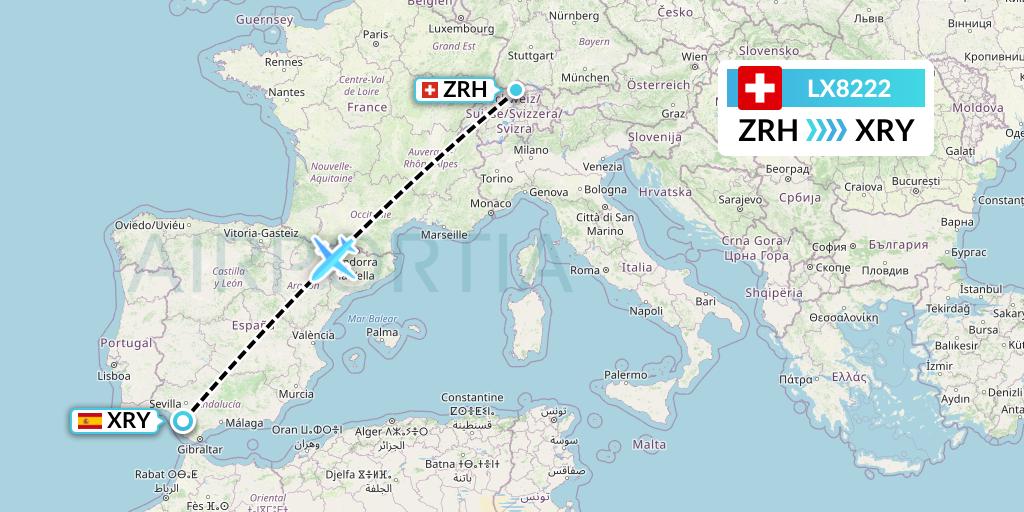 LX8222 Swiss Flight Map: Zurich to Jerez