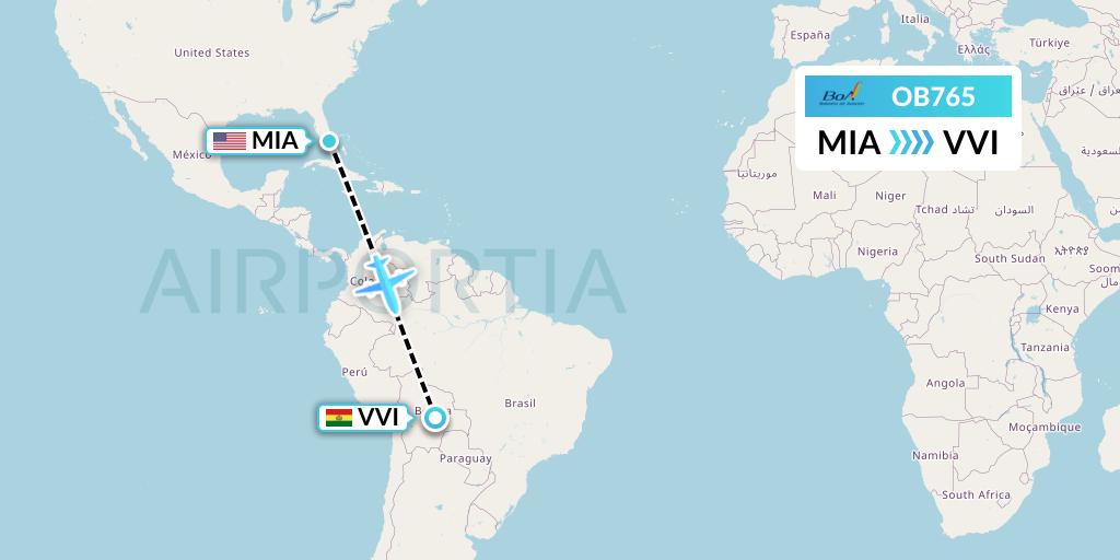 OB765 Boliviana de Aviacion Flight Map: Miami to Santa Cruz