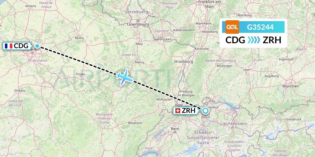 G35244 GOL Transportes Aeros Flight Map: Paris to Zurich