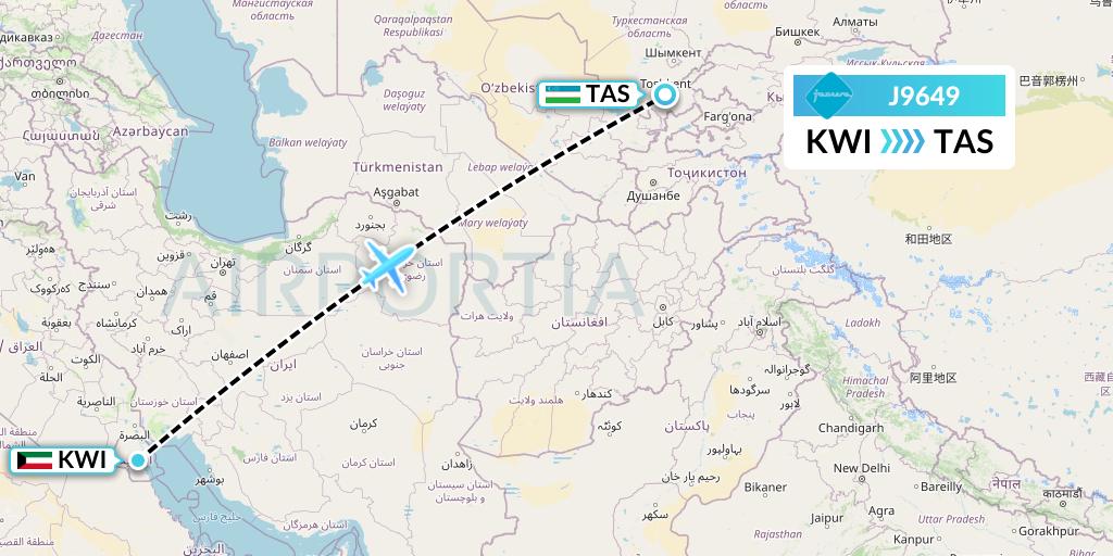 J9649 Jazeera Airways Flight Map: Kuwait City to Tashkent