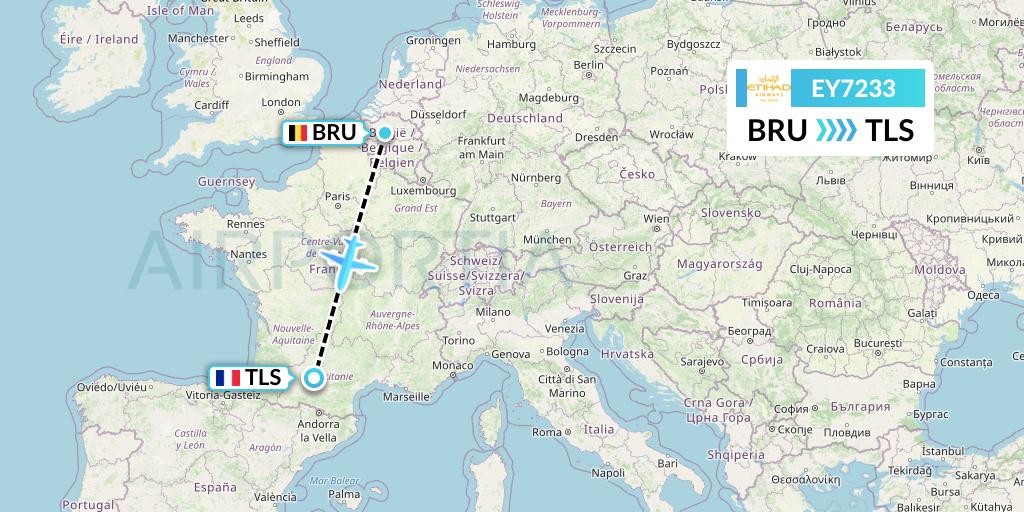 EY7233 Etihad Airways Flight Map: Brussels to Toulouse