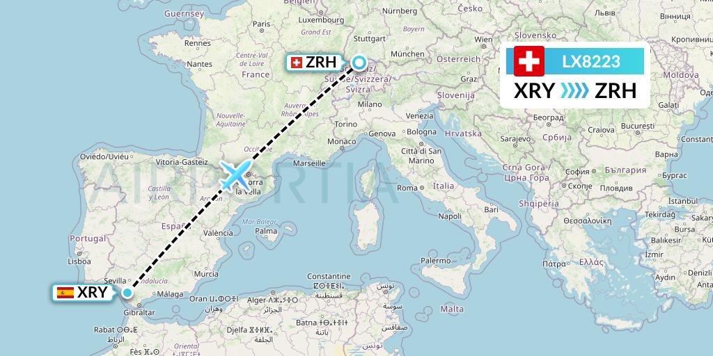 LX8223 Swiss Flight Map: Jerez to Zurich
