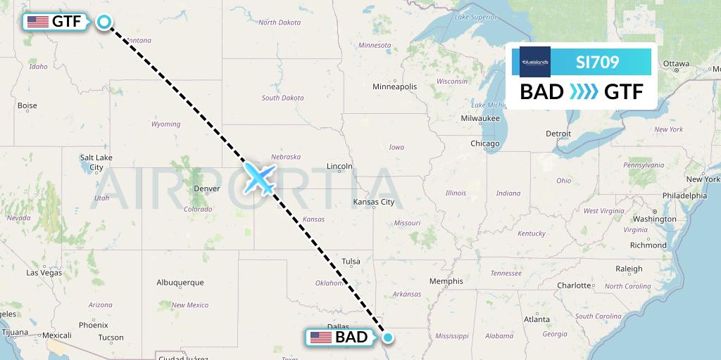 SI709 Blue Islands Flight Map: Bossier City to Great Falls
