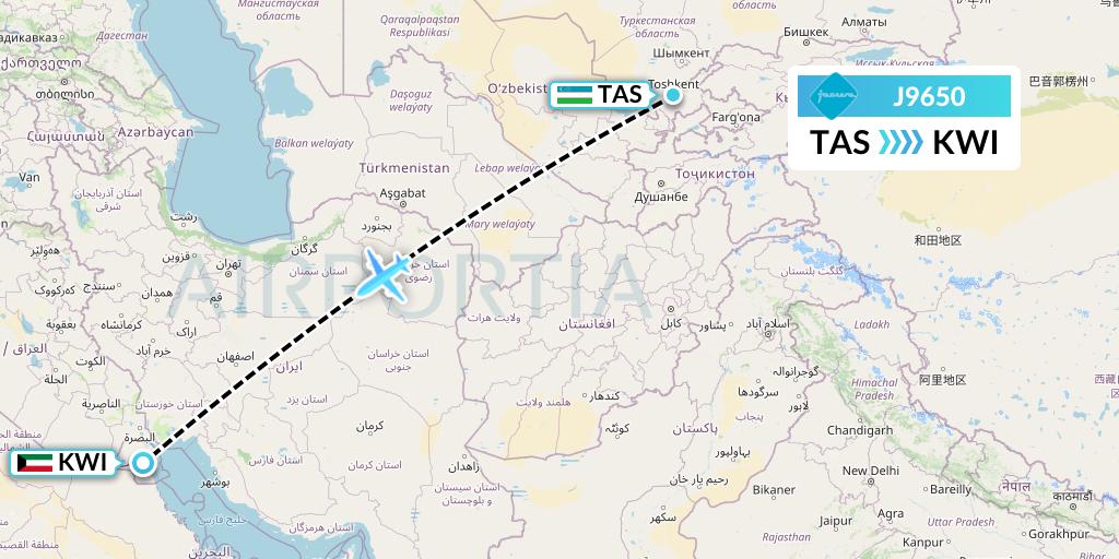 J9650 Jazeera Airways Flight Map: Tashkent to Kuwait City
