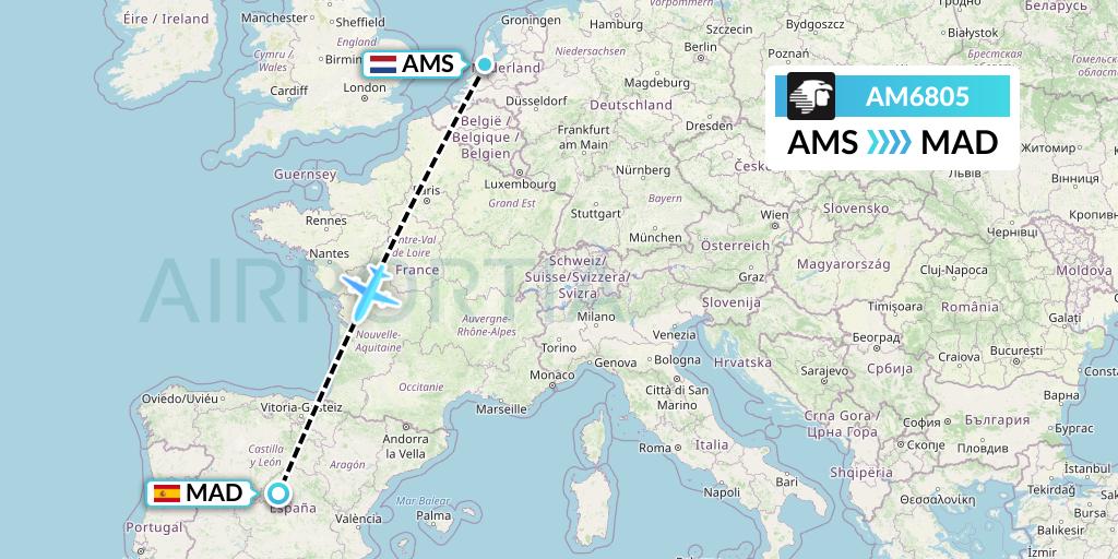 AM6805 Aeromexico Flight Map: Amsterdam to Madrid